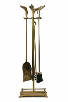 Fireplace, Tool Set, STAND W/RECTANGULAR BASE, W/SHOVEL, POKER, TONGS & BRUSH (Brush Not Identical To Photo), HORSE HEAD ENDS, AGED, METAL, BRASS