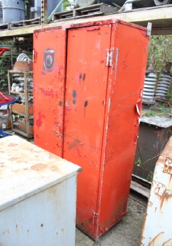 Cabinet, Garage, PAINT CABINET, 2 DOORS W/LATCH FRONT, CUBBYS & SHELVES INSIDE, DISTRESSED, AGED, RUSTY, WEATHERED - Stored In Yard, Not Identical To Photo, METAL, RED