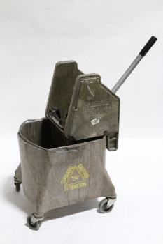 Bucket, Plastic, COMMERCIAL CLEANING BUCKET W/DETACHABLE MOP WRINGER, ROLLING, AGED/USED , PLASTIC, BROWN
