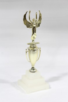 Trophy, Victory, GOLD COLOURED WINGED VICTORY FIGURE ON CUP, STEPPED WHITE GLASS BASE, PLASTIC, GOLD