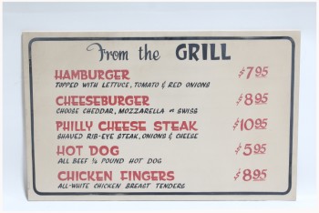 Sign, Diner, RESTAURANT,"FROM THE GRILL", MENU W/PRICES, RED LETTERING, BLACK BORDER , WOOD, BEIGE
