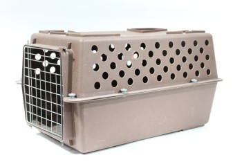 Pets, Miscellaneous, PET CARRIER, SMALL DOG OR CAT, GATE FRONT, PERFORATED SIDES, USED, PLASTIC, BROWN