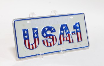 Decorative, Americana, VINTAGE PATRIOTIC LICENSE PLATE, USA-1, AMERICA, NUMBER ONE, RED WHITE & BLUE, STARS & STRIPES, CLEARABLE AS SHOWN, METAL, WHITE