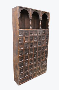Shelf, Wood, CARVED, 63 (9x7) SQUARE FACE CUBBY DRAWERS W/RINGS, INSET TOP NOOK W/ARCHES & TURNED POSTS, WOOD, BROWN