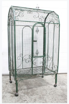Cage, Metal, BIRD OR ANIMAL CAGE, VINTAGE, 1 DOOR, ROLLING, METAL, GREEN