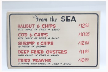 Sign, Diner, RESTAURANT, "FROM THE SEA", SEAFOOD MENU W/PRICES, RED LETTERING, BLACK BORDER , WOOD, BEIGE