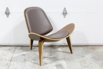 Chair, Lounge, MODERN / 1960s REPRODUCTION, MOLDED PLYWOOD, 3 ARCHED / BENTWOOD LEGS, DARK BROWN LEATHER PADDED SEAT & BACK, "WING" OR "SMILE" CHAIR STYLE, WOOD, BROWN
