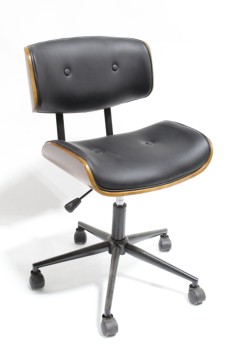 Chair, Office, MID CENTURY MODERN STYLE, MOLDED WOOD W/BLACK BUTTON TUFTED SEAT & BACK, ADJUSTABLE, ROLLING, LEATHER, BLACK