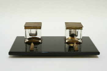 Desktop, Inkwell, DOUBLE CLEAR W/BRASS LIDS & FEET & CRADLES FOR QUILL, GLASS, BLACK
