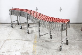 Industrial, Conveyor, ACCORDION CONVEYOR BELT W/RED ROLLERS, FLEXIBLE, EXPANDABLE TO 25 FT, AGED, USED, ROLLING - MISSING 1 WHEEL, METAL, GREY