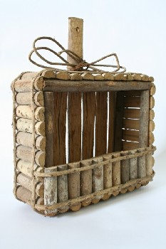 Basket, Decorative, MADE OF CUT BRANCH SLATS,1 HANDLE,TWIG TIE, WOOD, NATURAL