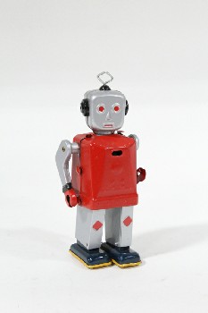 Toy, Robot, WIND UP ROBOT (DOES NOT WORK), MOVEABLE ARMS, ALUMINUM, RED
