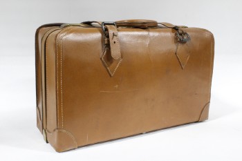 Luggage, Suitcase, VINTAGE BAG W/STRAPS (1 BROKEN) & TOP HANDLE,WHITE STITCHING, BRASS HARDWARE, LEATHER, BROWN
