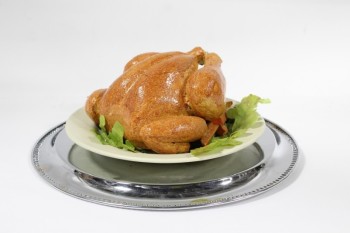 Food, Meat (Fake), REALISTIC,FAKE FOOD, ROASTED CHICKEN ON PLATE IN SILVER SERVING TRAY W/LID, TRAY PLATE HAS LOOP HANDLE FOR SERVER, FOAM, BROWN