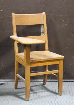 Desk, Student, OAK, SOLID WOOD, ANTIQUE SCHOOLHOUSE / CLASSROOM, DESK FOR RIGHT HANDED STUDENT W/CONNECTED SEAT, LADDER CHAIR BACK - Non Identical Set Of 7, Condition & Measurements May Be Slightly Different On All, WOOD, BROWN