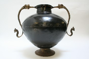 Vase, Urn, ROUND SHAPE W/BRASS BASE & TIGER / PEACOCK HEAD HANDLES, METAL, BLACK
