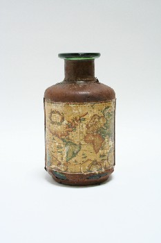 Decorative, Bottle, WEATHERED WORLD MAP, CYLINDRICAL GLASS BOTTLE, OLD FASHIONED, NO LID, LEATHER, MULTI-COLORED