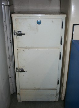 Appliance, Fridge, VINTAGE ICE BOX, 2 LATCHED DOORS, AGED, METAL, OFFWHITE