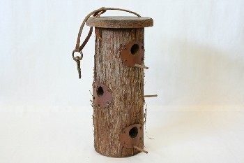 Garden, Birdhouse, LOG/BARK,5 PERCHES,6 ROUND OPENINGS,ROOF OPENS, LEATHER HANGING STRAP W/HOOK, WOOD, BROWN