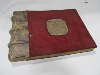 Book, Medieval, Red Corduroy Cover. Brown Paper Spine With Cording. Gold Painted Wallpaper Application On Cover., RED