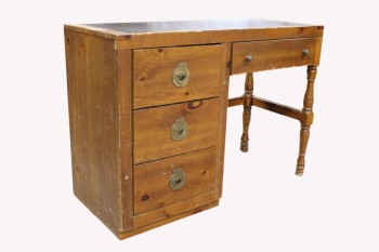 Desk, Wood, TURNED LEGS, 3 SIDE & 1 PEN DRAWER W/BRASS PULLS, BOTTOM PIECE TO HUTCH , WOOD, BROWN