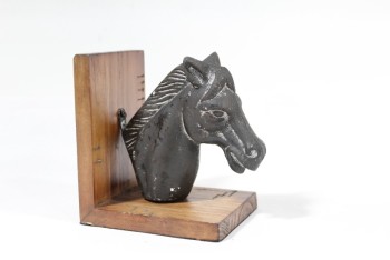Bookend, Animal, HORSE HEAD,BLACK HORSE,BROWN BASE, WOOD, BROWN