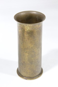 Military, Ammunition, AMMUNITION SHELL, TRENCH ART W/PUNCHED DESIGN IN SHIELD SHAPE, WW2, CIRCA 1917, METAL, BRASS
