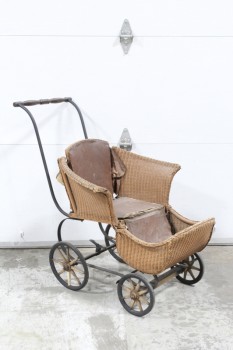 Baby, Misc, VINTAGE BUGGY, CARRIAGE, STROLLER, WICKER SEAT & METAL FRAME, OLD STYLE, AGED, DISTRESSED, WICKER, BROWN