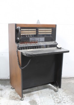 Phone, Switch Board, FREESTANDING MANUAL TELEPHONE OPERATOR COUNTER STATION, PANELS OF PLUGS / JACKS, RECEIVER, PRIVATE BRANCH EXCHANGE (PBX), GUTTED, WOOD, BROWN