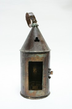 Candles, Lantern, CYLINDRICAL, TAPERED TOP W/CUTOUT SHAPE, HINGED DOOR, AGED VERDI-GRIS LOOK, NO GLASS IN WINDOW, METAL, BRASS