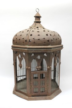 Cage, Metal, VINTAGE HANGING BIRD CAGE, DOMED TOP W/CUTOUT SHAPES, OLD STYLE, RUSTED, AGED, METAL, RUST