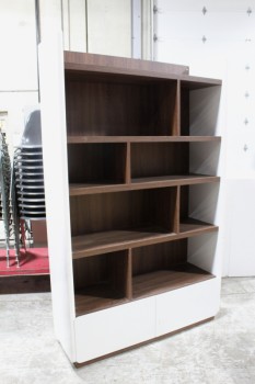 Shelf, Wood, MODERN STYLE, BROWN LAMINATE W/WOOD GRAIN W/DIFFERENT SIZED SHELVES & CUBBYS, WHITE SIDES BACK & 2 LOWER DRAWERS, WOOD, WHITE