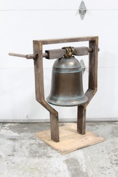 Bell, Prop, LIGHTWEIGHT PROP, LARGE FAUX METAL BELL W/PATINA LOOK, 14" WOOD HANDLE TO RING, 20x20" BASE, MOVIEMADE, WOOD, BRASS
