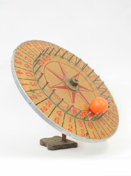 Game, Carnival, GAMBLING WHEEL, NUMBERED W/RED STAR, BLACK IRON STAND, AGED, WOOD, MULTI-COLORED