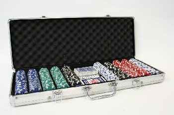 Game, Casino , SETS OF BLUE GREEN BLACK RED & WHITE CHIPS IN CASE W/HINGED LID, 2 DECKS CARDS, 5 DICE, METAL, SILVER
