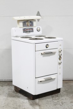Appliance, Stove, VINTAGE SMALL SUITE STOVE,ENAMELED,4 COIL BURNERS & OVEN, METAL, WHITE