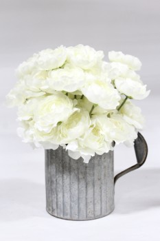 Plant, Fake, REALISTIC SILK WHITE FLOWERS, PERMANENT FLORAL ARRANGEMENT IN 6" METAL JUG / WATERING CAN W/HANDLE , TOTAL HT APPROX 13", SILK, WHITE