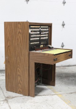 Phone, Switch Board, FREESTANDING MANUAL TELEPHONE OPERATOR COUNTER STATION, PANELS OF PLUGS / JACKS, RECEIVER, PRIVATE BRANCH EXCHANGE (PBX), GUTTED, WOOD, BROWN