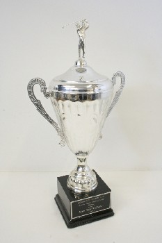 Trophy, Cup, W/HANDLES, SQUARE BLACK MARBLE BASE, GOLFER ON TOP, 
