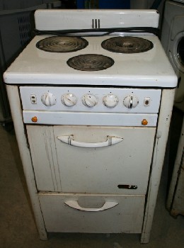 Appliance, Stove, VINTAGE SMALL SUITE STOVE,ENAMEL TOP,3 COIL BURNERS & OVEN, AGED , METAL, WHITE