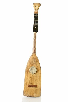 Music, String, HANDMADE CARVINGW/FOLK ART LOOK, GUITAR MADE FROM OAR / PADDLE, MISMATCHED STRINGS, BOTTLE LID CENTRE, WORN, WOOD, BROWN