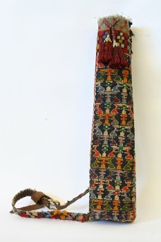 Bag, Quiver, WOVEN COLOURFUL WOOL PATTERN,W/STRAP,2 BURGUNDY TASSELS, NATIVE, LEATHER, MULTI-COLORED