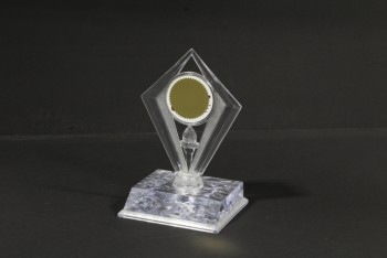 Trophy, Award, DIAMOND SHAPED TOP W/TORCH, WAVY TEXTURE ON BASE, PLASTIC, CLEAR