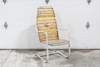Chair, Misc, WOOD SLAT SEAT, HIGH BACK, METAL CANTILEVER FRAME & ARMS, AGED/DISTRESSED, METAL, BROWN