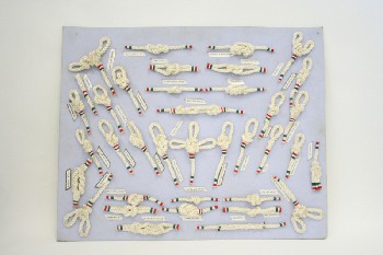 Wall Dec, Collection, CLEARABLE, ROPE DISPLAY OF DIFFERENT KNOTS, RED WHITE & BLUE ENDS, WALLMOUNT, MARINE, NAUTICAL, CARDBOARD, BLUE