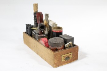 Decorative, Dressed Box, DRAWER, PERSONAL ITEMS, TINS, BRUSHES, PIPE, KEYS, TICKETS (GLUED IN), WOOD, BROWN