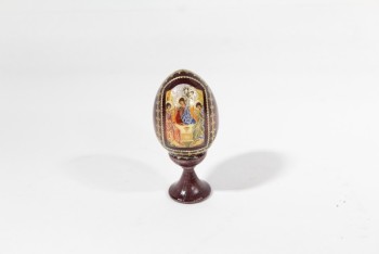 Religious, Miscellaneous, 3 FIGURES,ORNATE EASTER EGG ON WOOD STAND , WOOD, BROWN