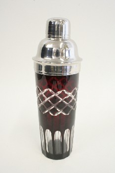 Bar, Tool, MARTINI/COCKTAIL SHAKER, SILVER TOP, CRISSCROSS MARKINGS, GLASS, RED