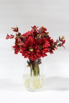 Plant, Fake, REALISTIC SILK RED FLOWERS, PERMANENT FLORAL ARRANGEMENT IN 8" CLEAR GLASS VASE, TOTAL HT APPROX 14", SILK, RED