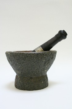 Cookware, Mortar and Pestle, MORTAR & PESTLE,THICK BOWL,WOOD PESTLE W/SILVER BAND, STONE, GREY
